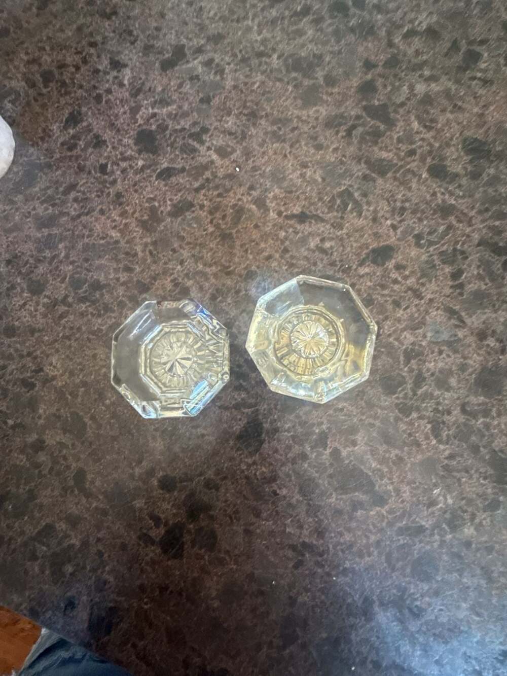 Pair of Antique 8-Point Octagon Crystal Glass Door Knobs with Brass Base